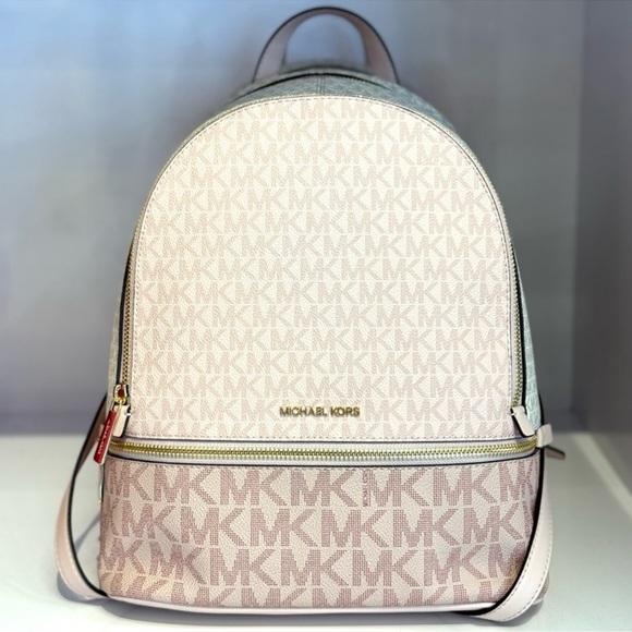 Michael Kors Rhea Medium Color-Block Signature Logo Backpack Powder Blush Multi - Picture 2 of 10